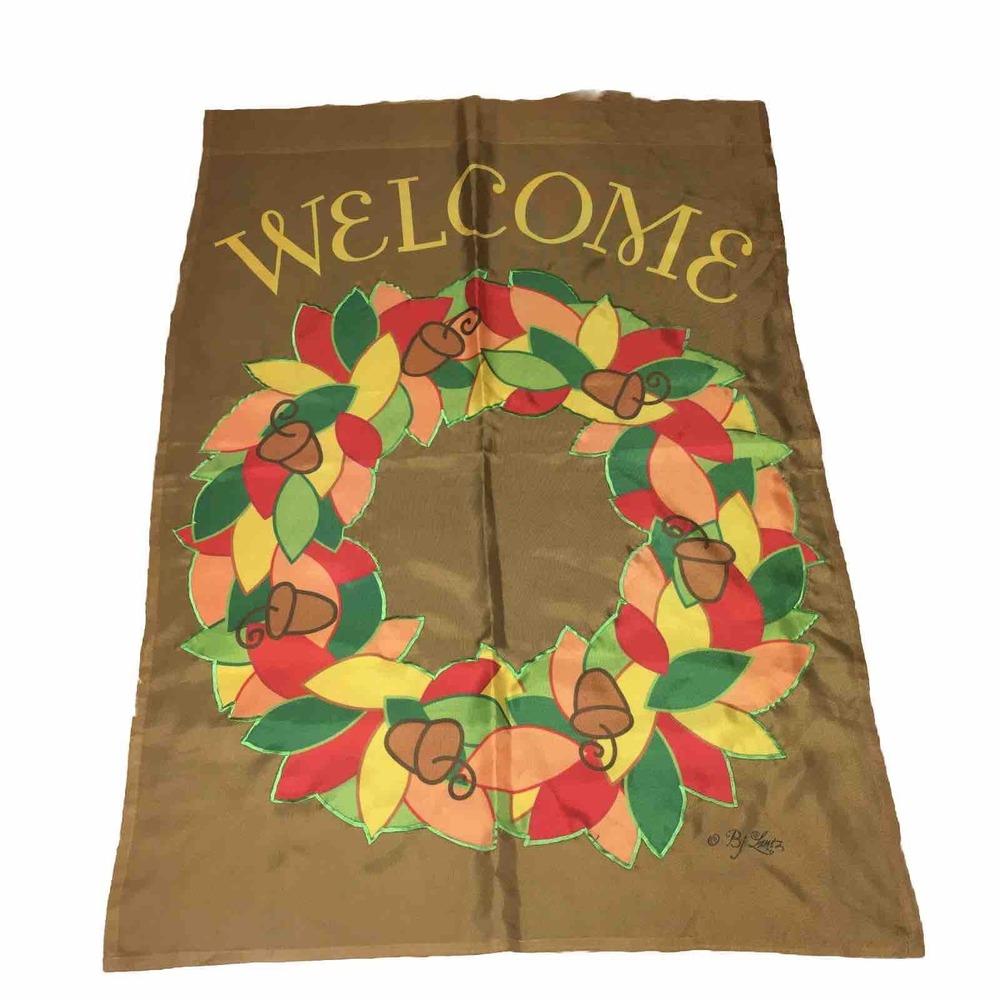 Welcome Flag Yard Garden Decor BJ Lantz Fall Autumn Harvest Leaf Wreath Signed